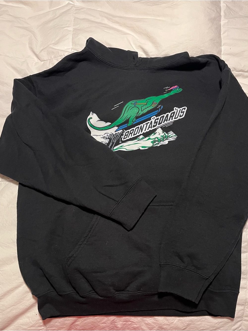 Gildan Black Hoodie with Green Brontasaurus Graphic Size Large